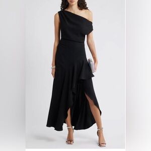 Chelsea28 Cascading Ruffle Crepe One-Shoulder Gown Small Black